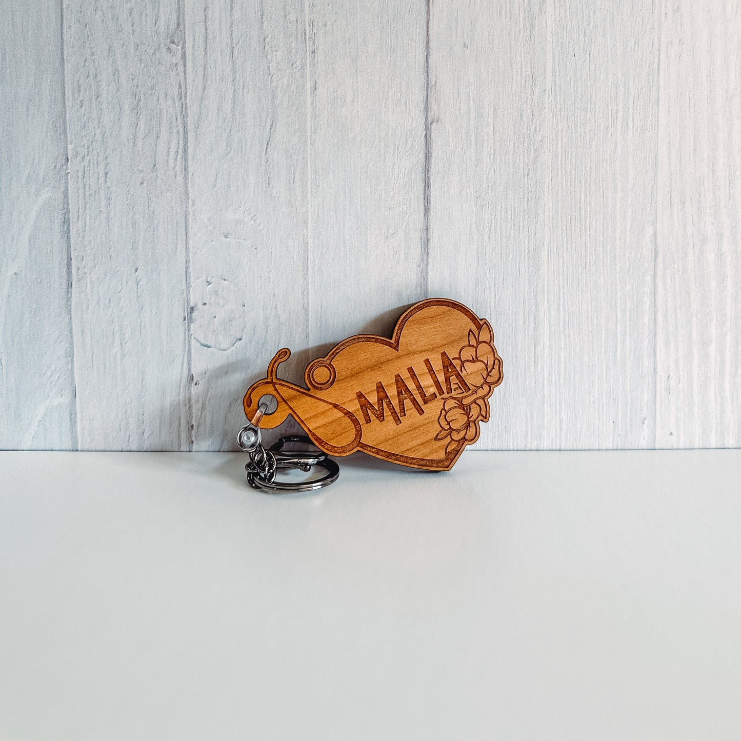 Personalized Stethoscope Floral Wooden Keychain