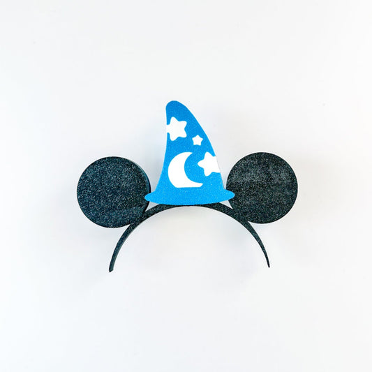 Black and blue mouse ears with a wizard hat design on a white background