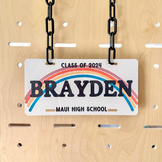 CUSTOM Retro Graduation Lei - License Plate Style w/ Rainbow