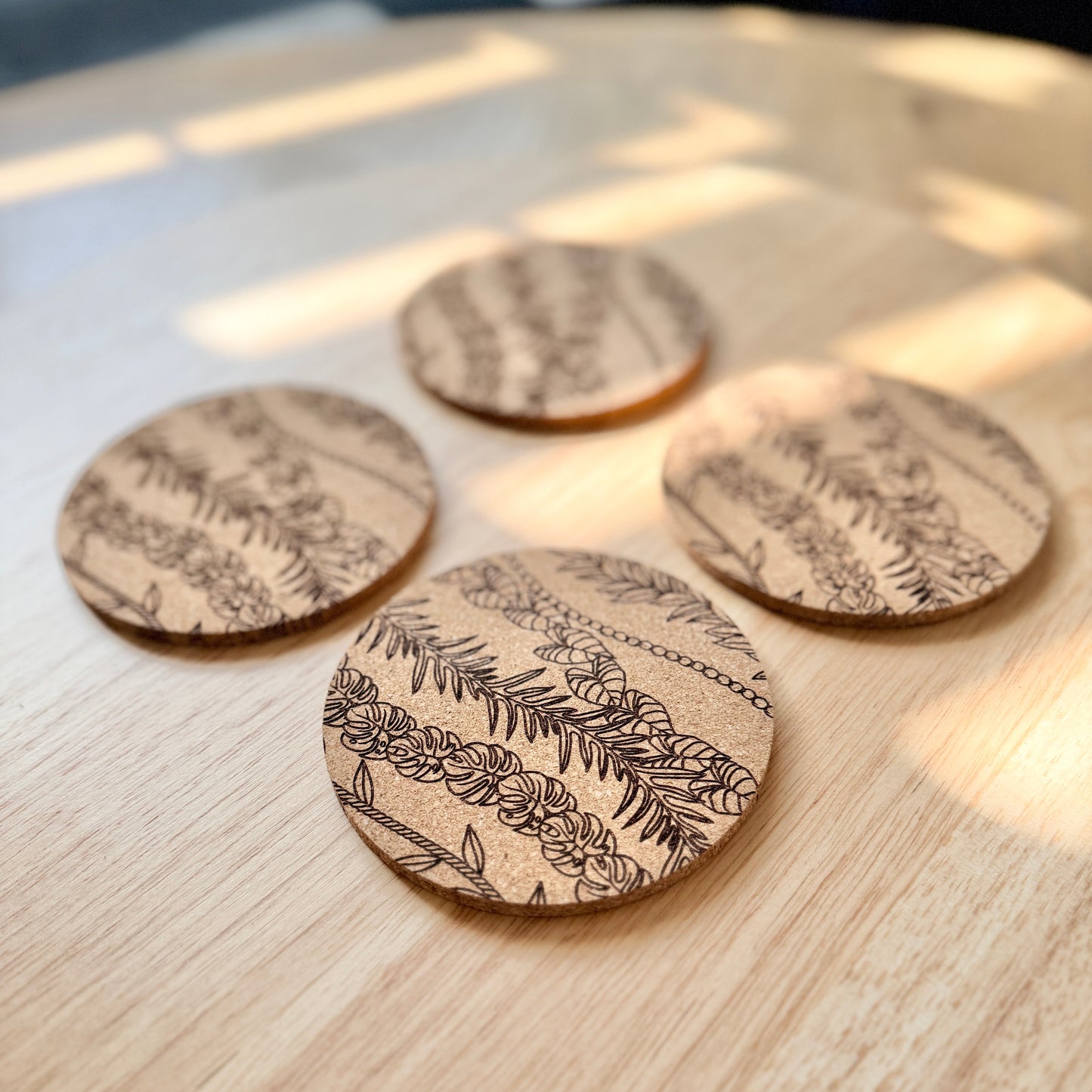 Tropical Leaves Engraved Cork Coasters – Round Natural Cork Drink Coasters (Set of 4)