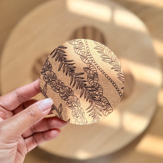 Tropical Leaves Engraved Cork Coasters – Round Natural Cork Drink Coasters (Set of 4)