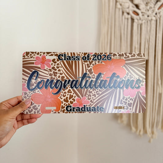 Congratulations Graduate License Plate Sign – Hibiscus Leopard | Class of 2026 (Personalized Name)